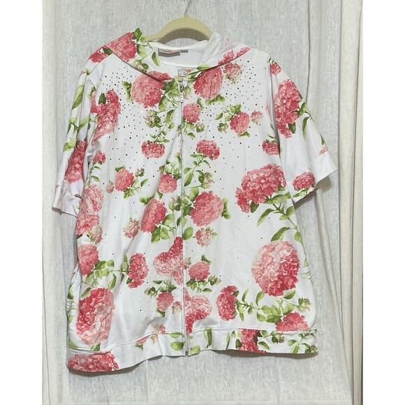 Quacker Factory Tops - Quacker Factory Hydrangea Print Elbow Sleeve Hoodie Size XL Zip Up Rhinestone